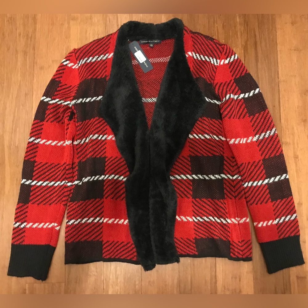 Adrienne Vittadini NWT Women's Red Cardigan Sweater M Holiday Christmas Plaid